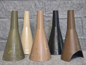 Five generations of the Alaska Bull Magnet moose call side by side