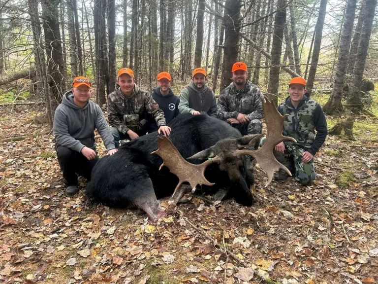 Maine hunter with a bull moose taken using a Bull Magnet moose call
